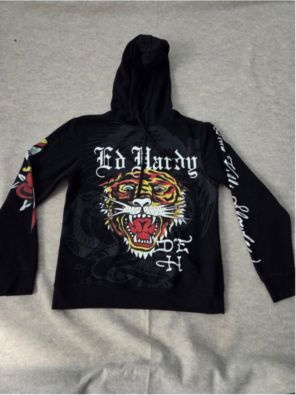 Ed Hardy Black Hoodie Tiger Pullover Sweatshirt Size S